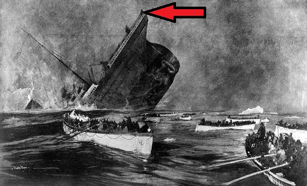 Painting of the Titanic sinking beneath the waves with only her stern in the air
