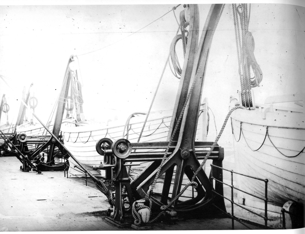 Contemporary photograph of the Titanic's boat deck, showing her lifeboats held in davits